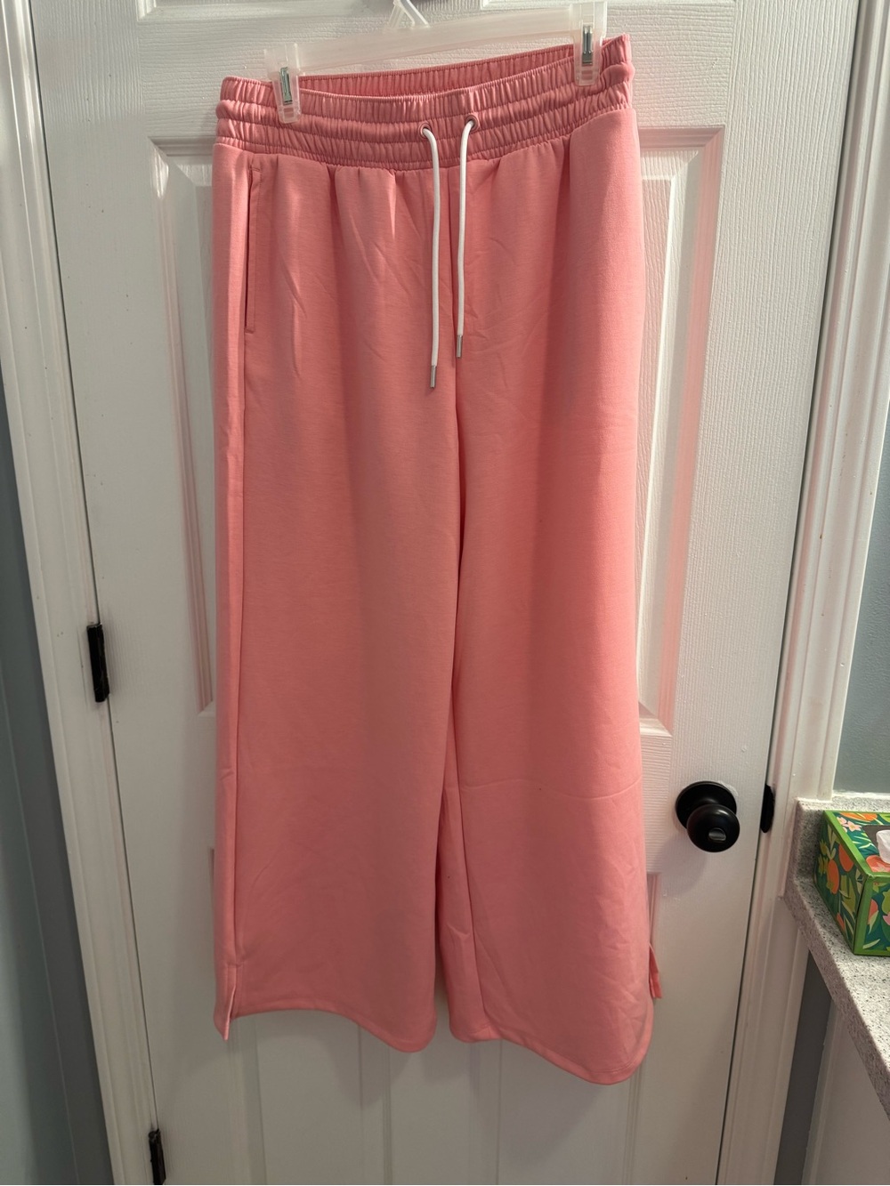Zenana Wide Leg Pink Drawstring Lounge Pants, size: medium